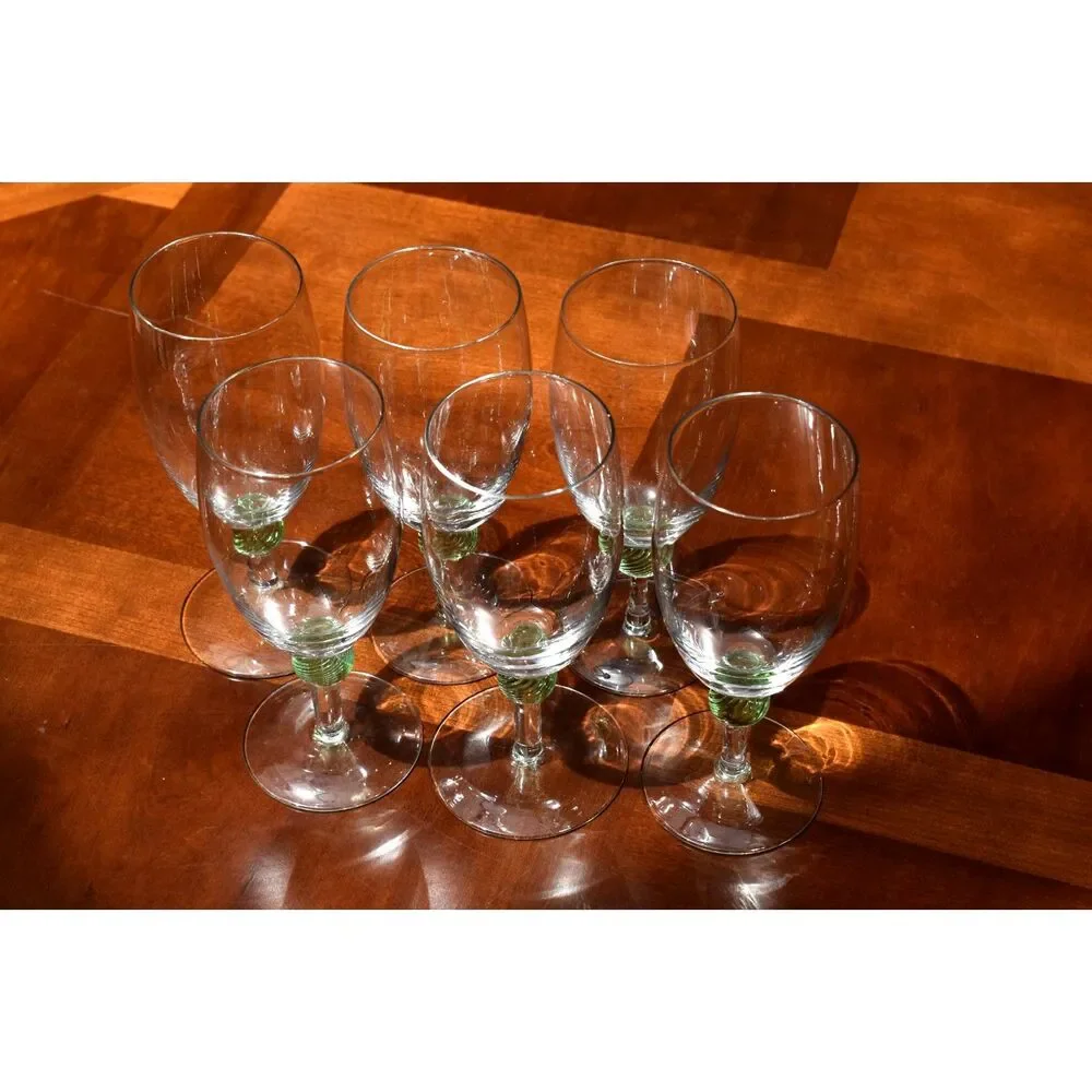 Set of 6 Vintage Green Spiral Ball Stem Wine Goblets Hand Blown Clear Bowl 7.5in